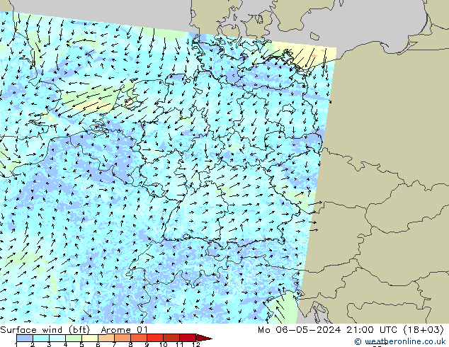 �N 10 米 (bft) Arome 01 星期一 06.05.2024 21 UTC