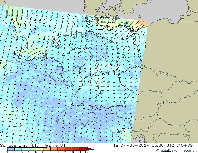 Wind 10 m (bft) Arome 01 di 07.05.2024 03 UTC