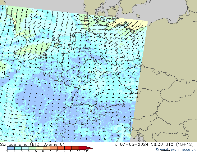 Vent 10 m (bft) Arome 01 mar 07.05.2024 06 UTC