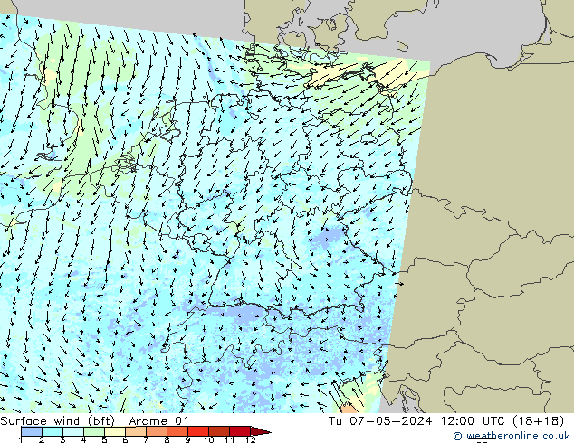 Surface wind (bft) Arome 01 Út 07.05.2024 12 UTC