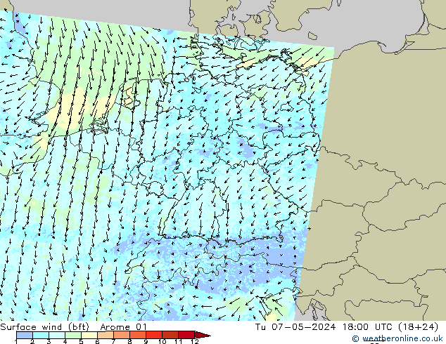 Bodenwind (bft) Arome 01 Di 07.05.2024 18 UTC