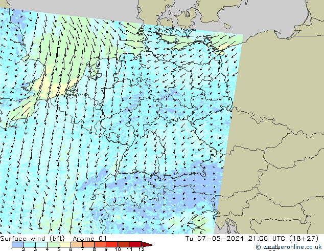 Wind 10 m (bft) Arome 01 di 07.05.2024 21 UTC