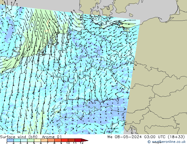 Surface wind (bft) Arome 01 We 08.05.2024 03 UTC