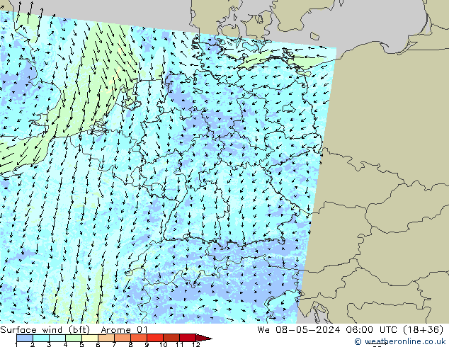 Surface wind (bft) Arome 01 We 08.05.2024 06 UTC