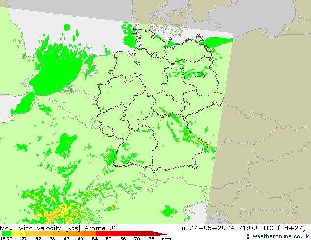 Max. wind velocity Arome 01 Tu 07.05.2024 21 UTC