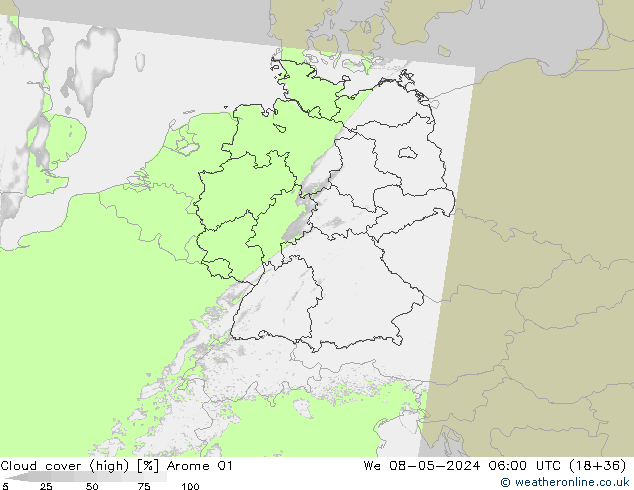 Cloud cover (high) Arome 01 We 08.05.2024 06 UTC