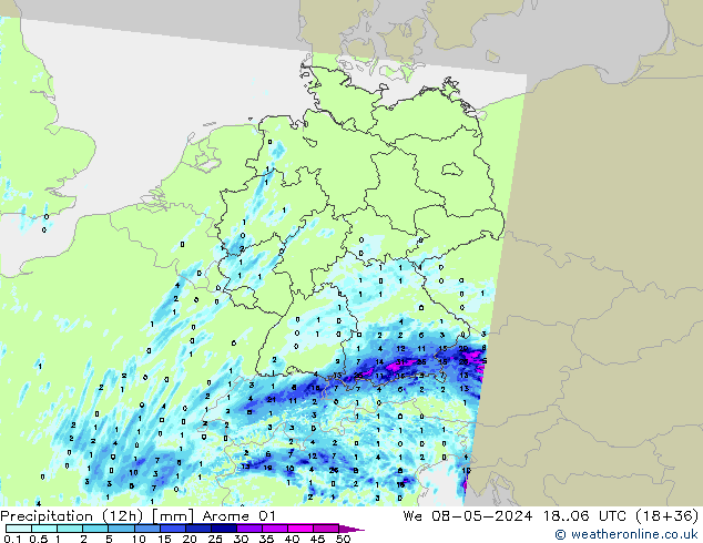 Precipitation (12h) Arome 01 We 08.05.2024 06 UTC