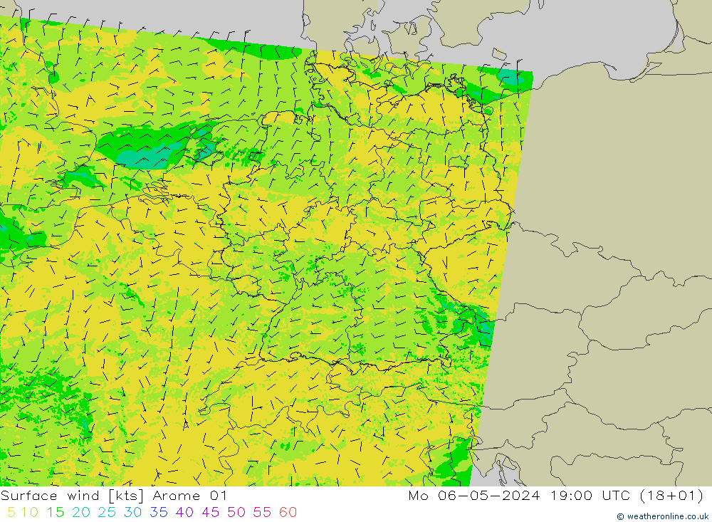 Viento 10 m Arome 01 lun 06.05.2024 19 UTC