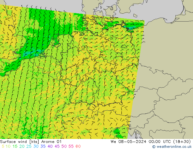 Surface wind Arome 01 We 08.05.2024 00 UTC