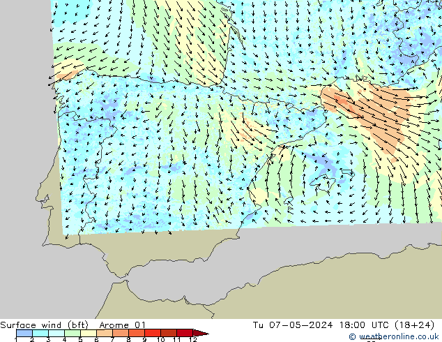 Surface wind (bft) Arome 01 Tu 07.05.2024 18 UTC