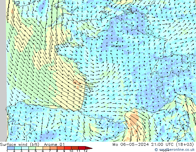 Surface wind (bft) Arome 01 Mo 06.05.2024 21 UTC