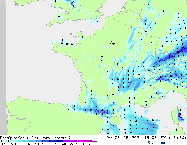Yağış (12h) Arome 01 Çar 08.05.2024 06 UTC