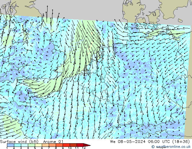 Surface wind (bft) Arome 01 St 08.05.2024 06 UTC