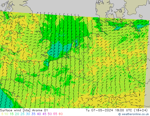 Surface wind Arome 01 Út 07.05.2024 18 UTC