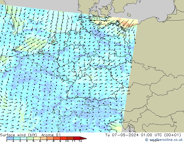 Bodenwind (bft) Arome 01 Di 07.05.2024 01 UTC