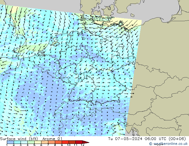 Surface wind (bft) Arome 01 Tu 07.05.2024 06 UTC