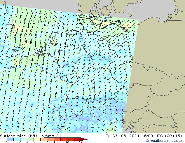 Surface wind (bft) Arome 01 Tu 07.05.2024 15 UTC