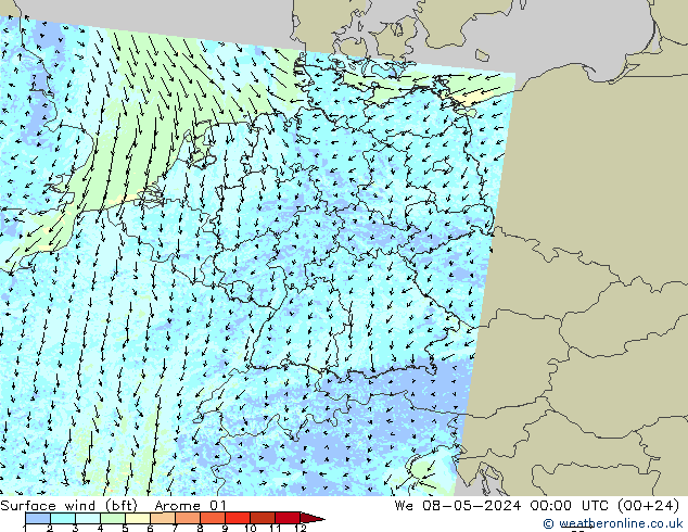Surface wind (bft) Arome 01 We 08.05.2024 00 UTC