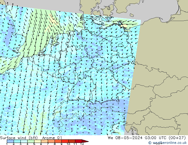 Rüzgar 10 m (bft) Arome 01 Çar 08.05.2024 03 UTC