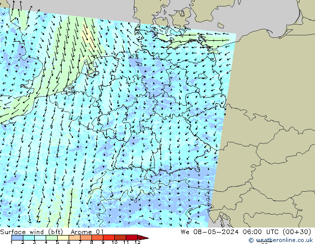 wiatr 10 m (bft) Arome 01 śro. 08.05.2024 06 UTC