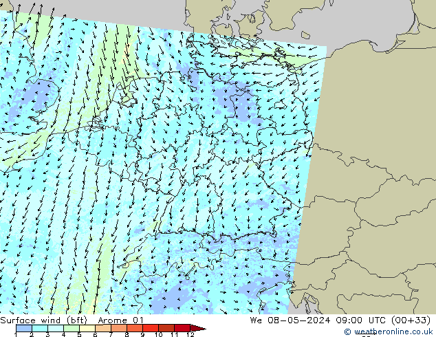 wiatr 10 m (bft) Arome 01 śro. 08.05.2024 09 UTC