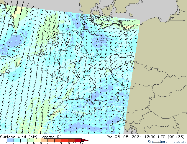 Surface wind (bft) Arome 01 St 08.05.2024 12 UTC