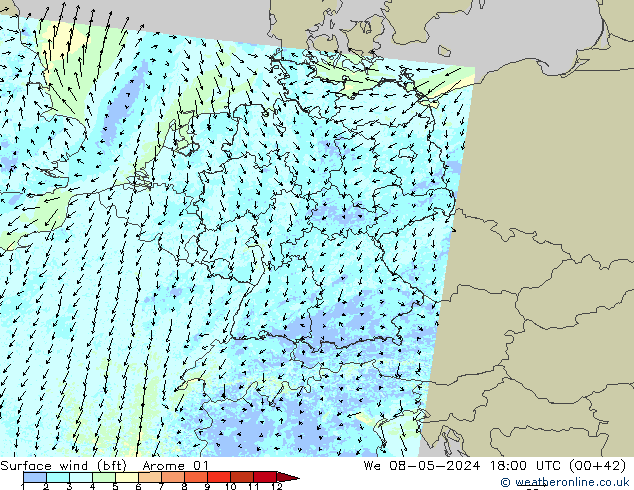 Surface wind (bft) Arome 01 We 08.05.2024 18 UTC