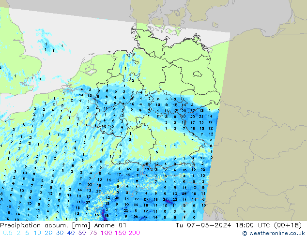 Precipitation accum. Arome 01 Út 07.05.2024 18 UTC