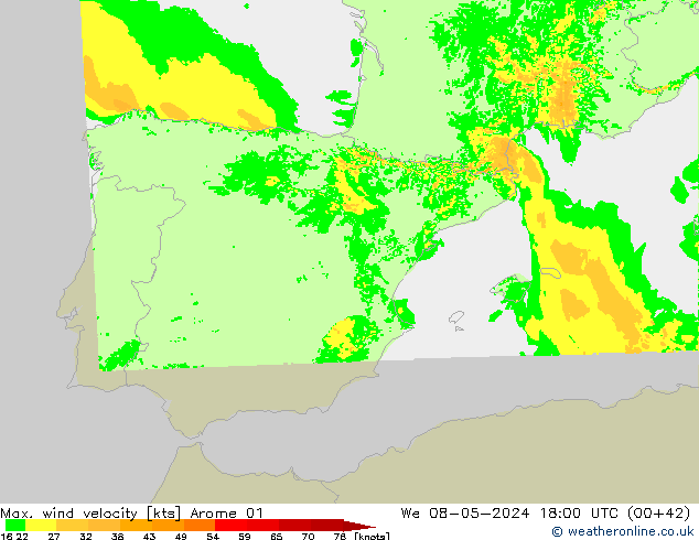 Max. wind snelheid Arome 01 wo 08.05.2024 18 UTC