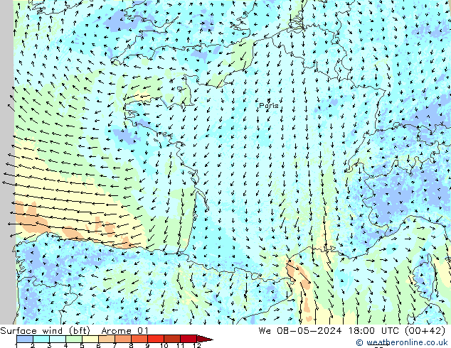 Surface wind (bft) Arome 01 We 08.05.2024 18 UTC