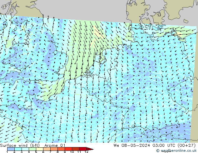 Surface wind (bft) Arome 01 We 08.05.2024 03 UTC