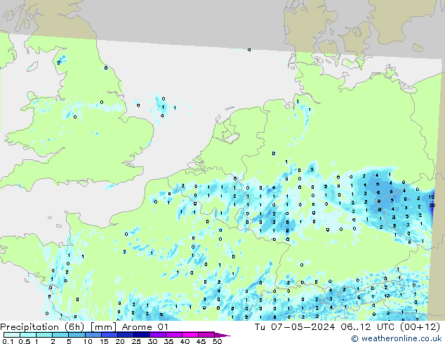 Precipitation (6h) Arome 01 Út 07.05.2024 12 UTC