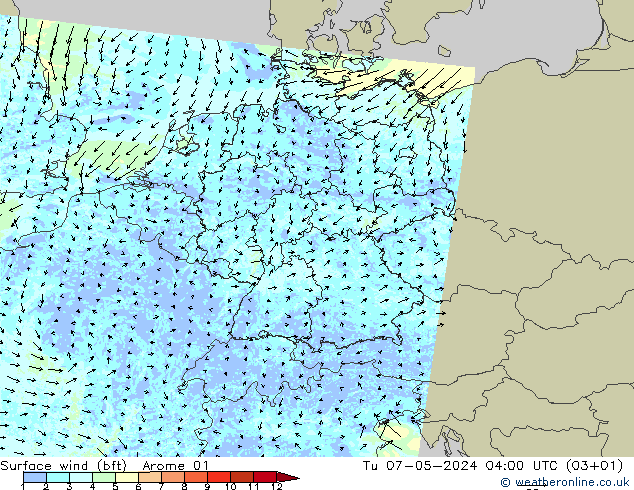 Bodenwind (bft) Arome 01 Di 07.05.2024 04 UTC