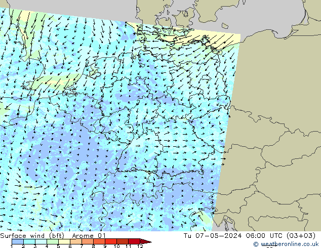 wiatr 10 m (bft) Arome 01 wto. 07.05.2024 06 UTC
