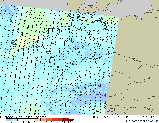 Rüzgar 10 m (bft) Arome 01 Sa 07.05.2024 21 UTC