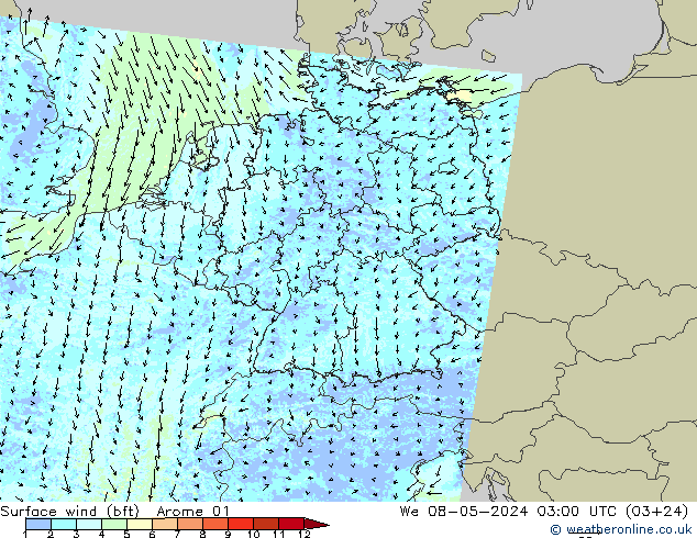 Bodenwind (bft) Arome 01 Mi 08.05.2024 03 UTC