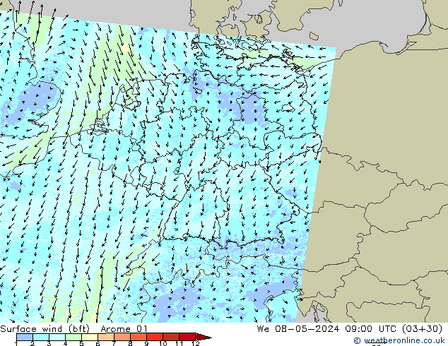 Surface wind (bft) Arome 01 St 08.05.2024 09 UTC