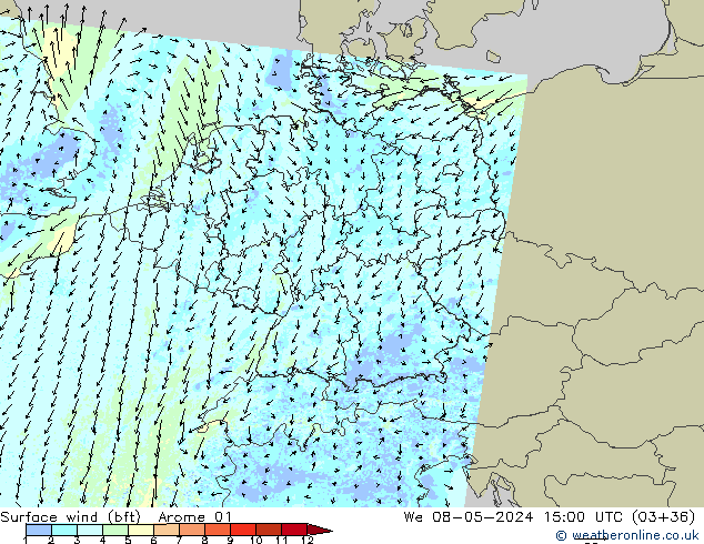 Surface wind (bft) Arome 01 We 08.05.2024 15 UTC