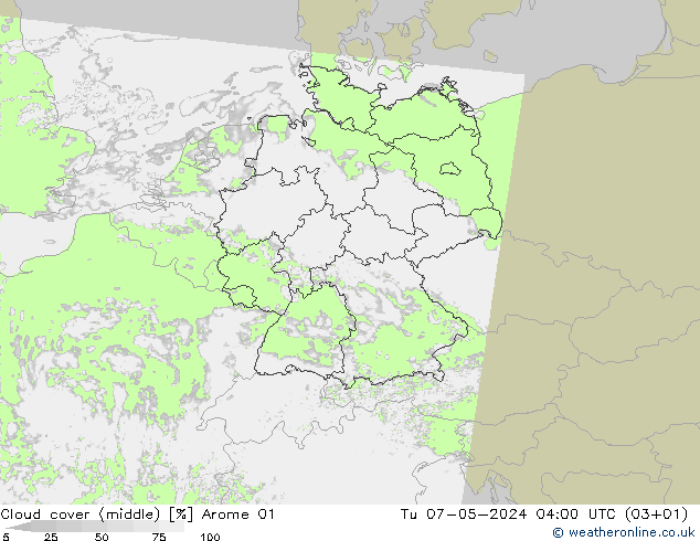 Cloud cover (middle) Arome 01 Tu 07.05.2024 04 UTC