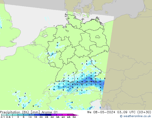 Totale neerslag (6h) Arome 01 wo 08.05.2024 09 UTC