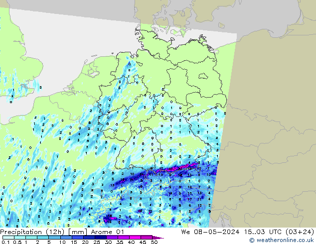Precipitation (12h) Arome 01 We 08.05.2024 03 UTC