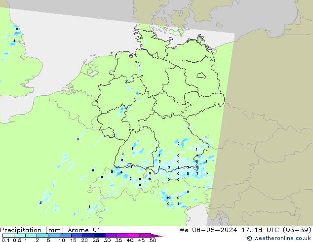 Srážky Arome 01 St 08.05.2024 18 UTC