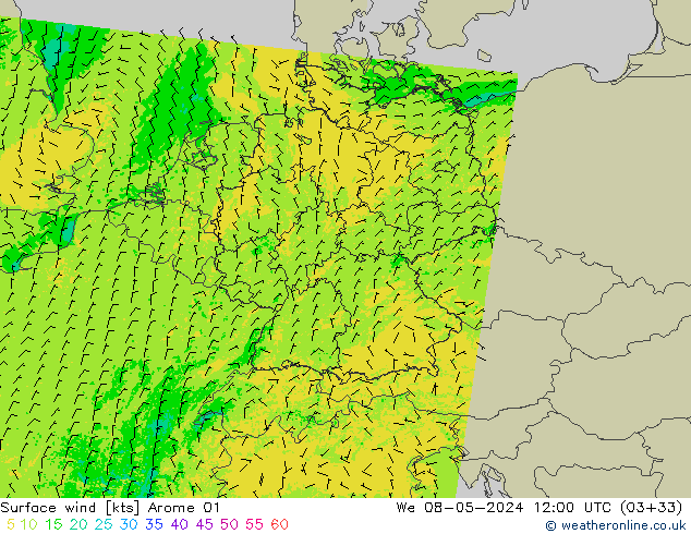 Surface wind Arome 01 St 08.05.2024 12 UTC