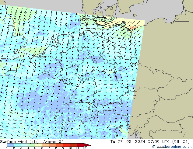 Rüzgar 10 m (bft) Arome 01 Sa 07.05.2024 07 UTC