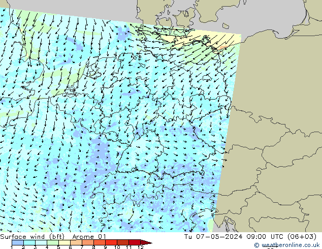Wind 10 m (bft) Arome 01 di 07.05.2024 09 UTC