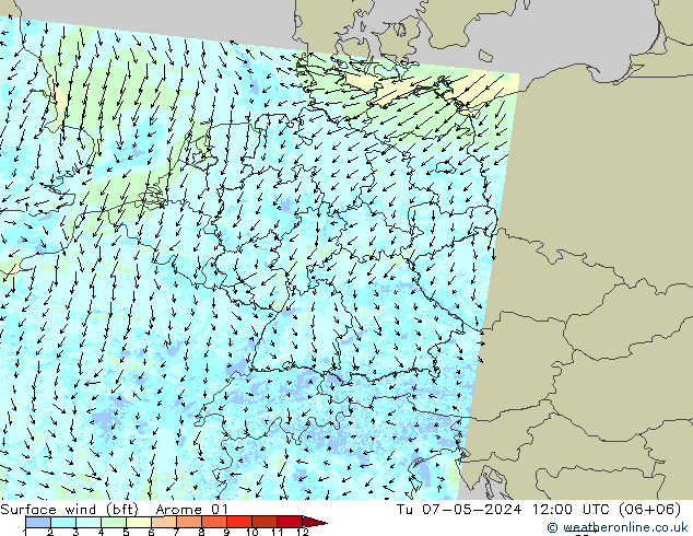 Rüzgar 10 m (bft) Arome 01 Sa 07.05.2024 12 UTC