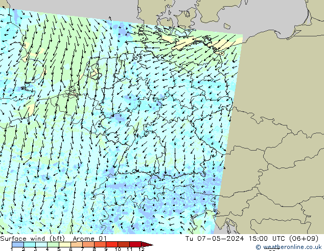 Surface wind (bft) Arome 01 Tu 07.05.2024 15 UTC
