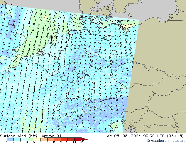 Wind 10 m (bft) Arome 01 wo 08.05.2024 00 UTC
