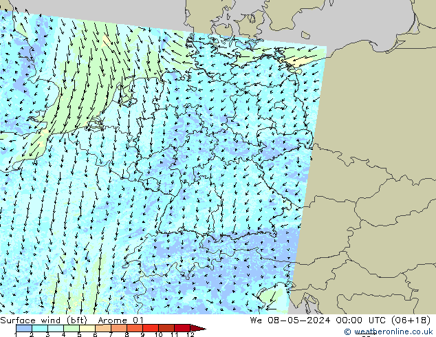 Surface wind (bft) Arome 01 We 08.05.2024 00 UTC