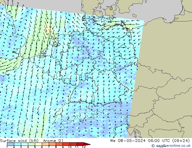 wiatr 10 m (bft) Arome 01 śro. 08.05.2024 06 UTC